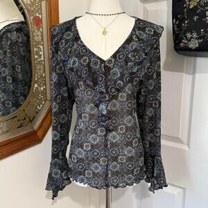 VTG Y2K New York City Design Co. Dark Brown & Blue Sheer Ruffle Bell Sleeve Top